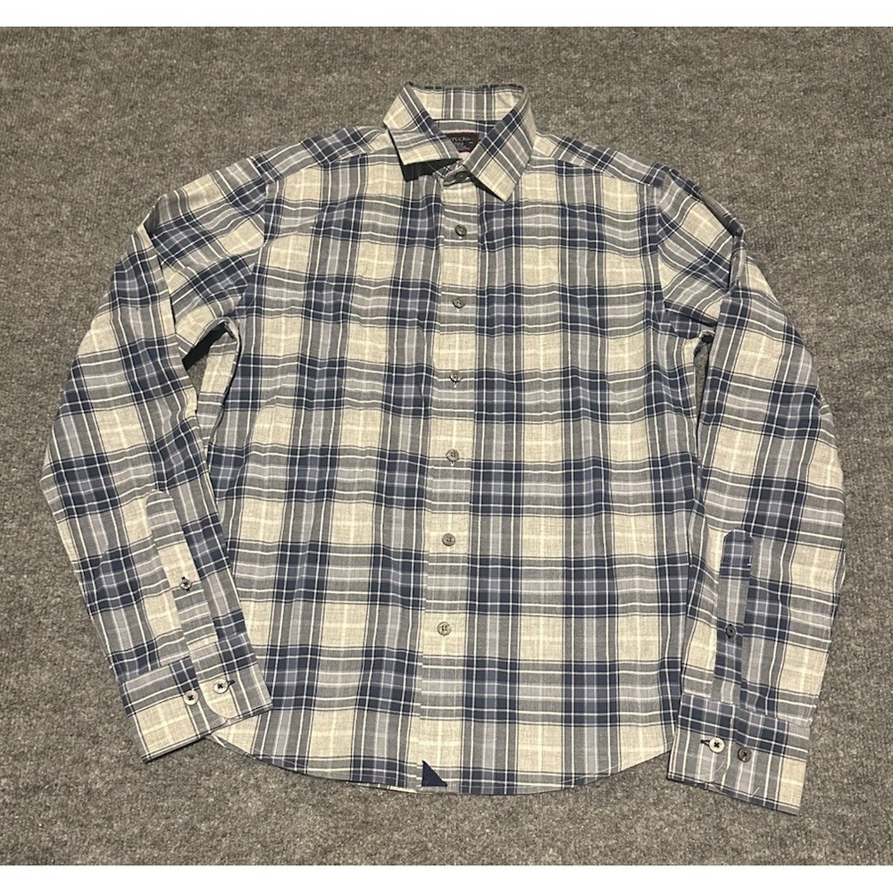 Untuckit Mens Small Slim Fit Grey Blue Plaid Button Up Dress Shirt EUC